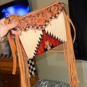 Bohemian Tan and Red Fringe Crossbody Bag
